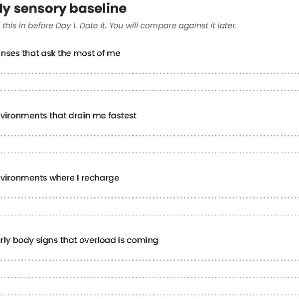 The Sensory Overload Journal - "My sensory baseline" page