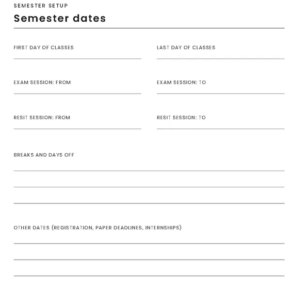 Student Journal - semester dates page